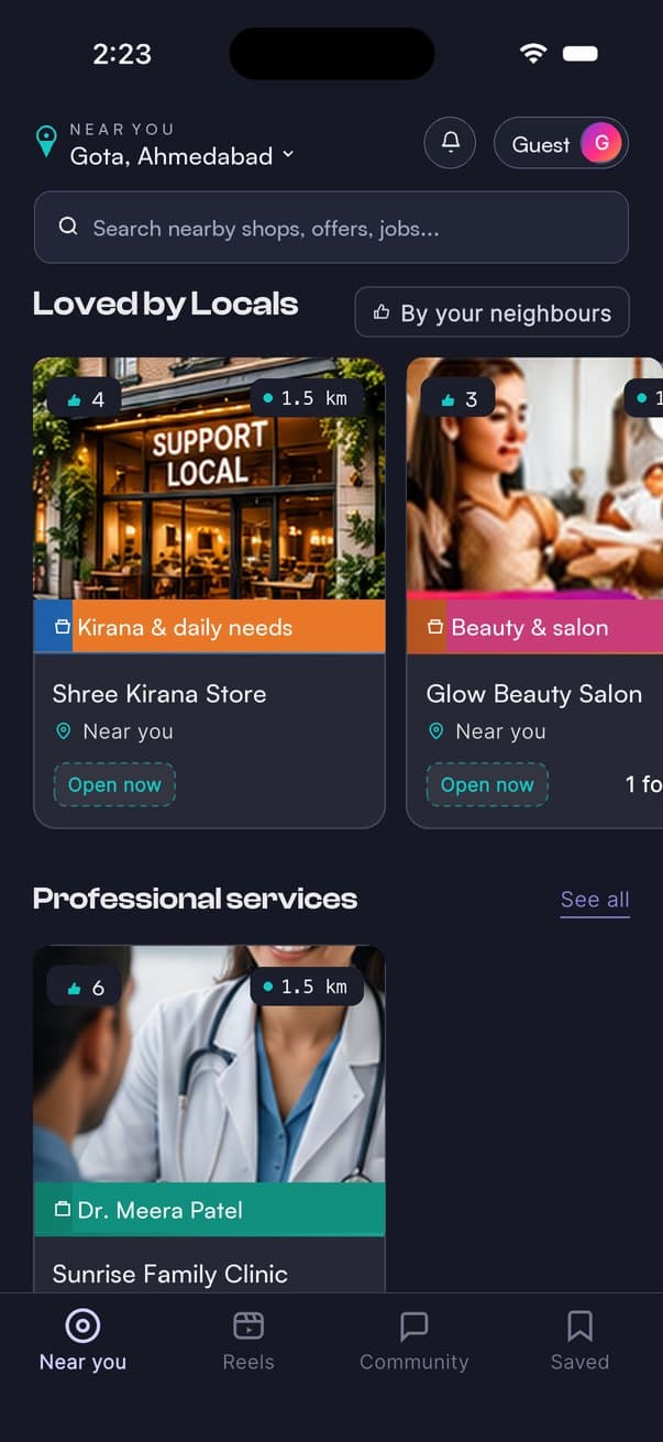 The Najik app: places loved by locals — a kirana store and a beauty salon, both open now
