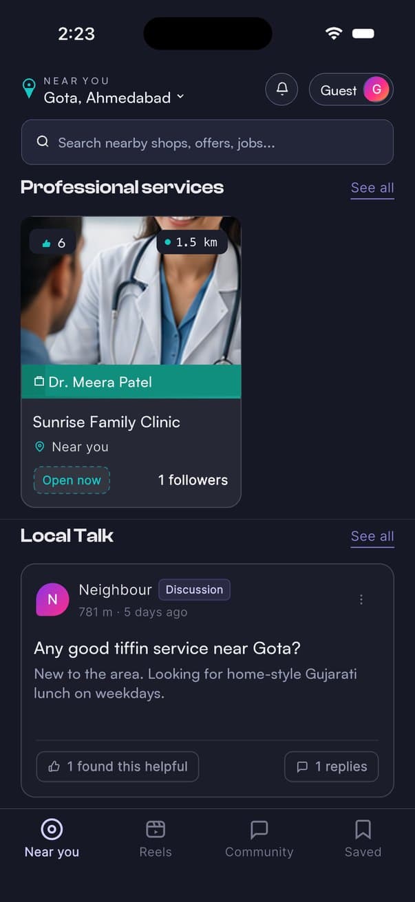 The Najik app: professional services near you — a family clinic, 1.5 km away