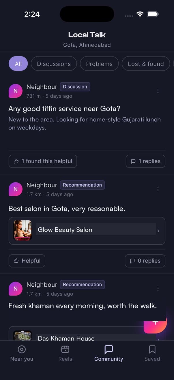 The Najik app: Local Talk — a neighbour asking for a tiffin service near Gota, and two recommendations