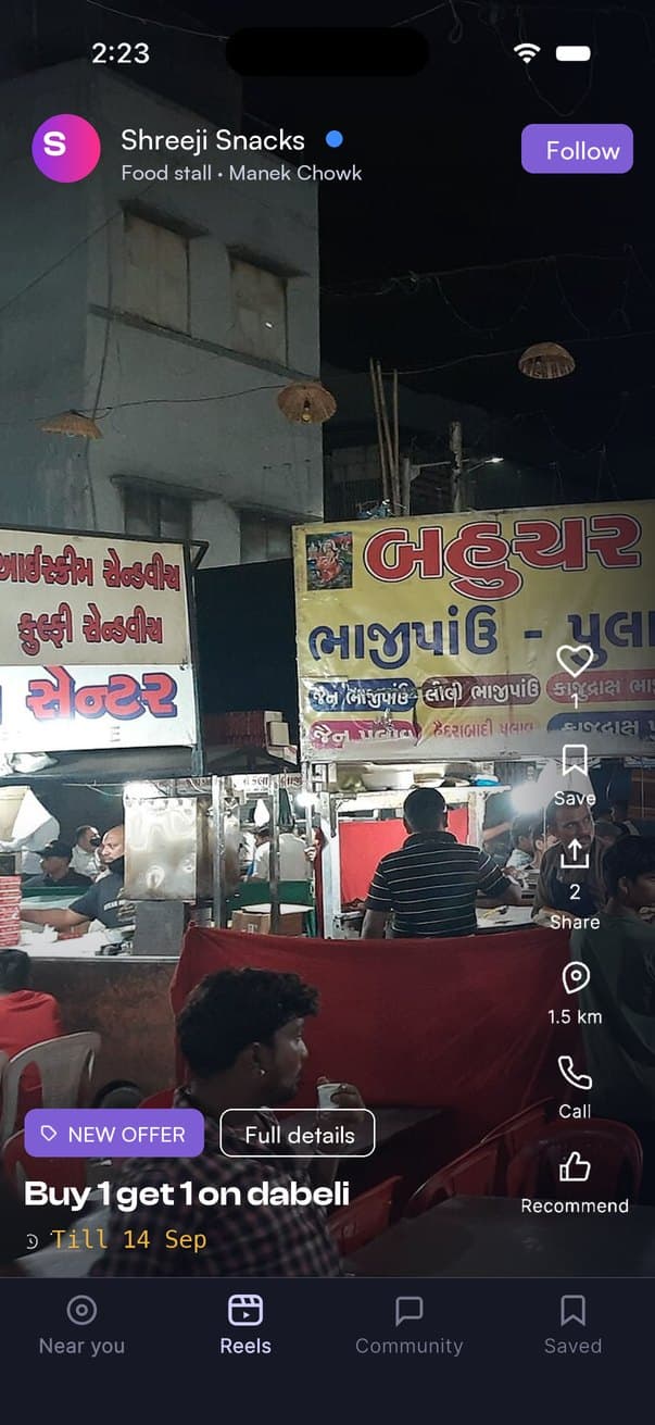 The Najik app: a reel from a Manek Chowk food stall with a buy one get one offer on dabeli