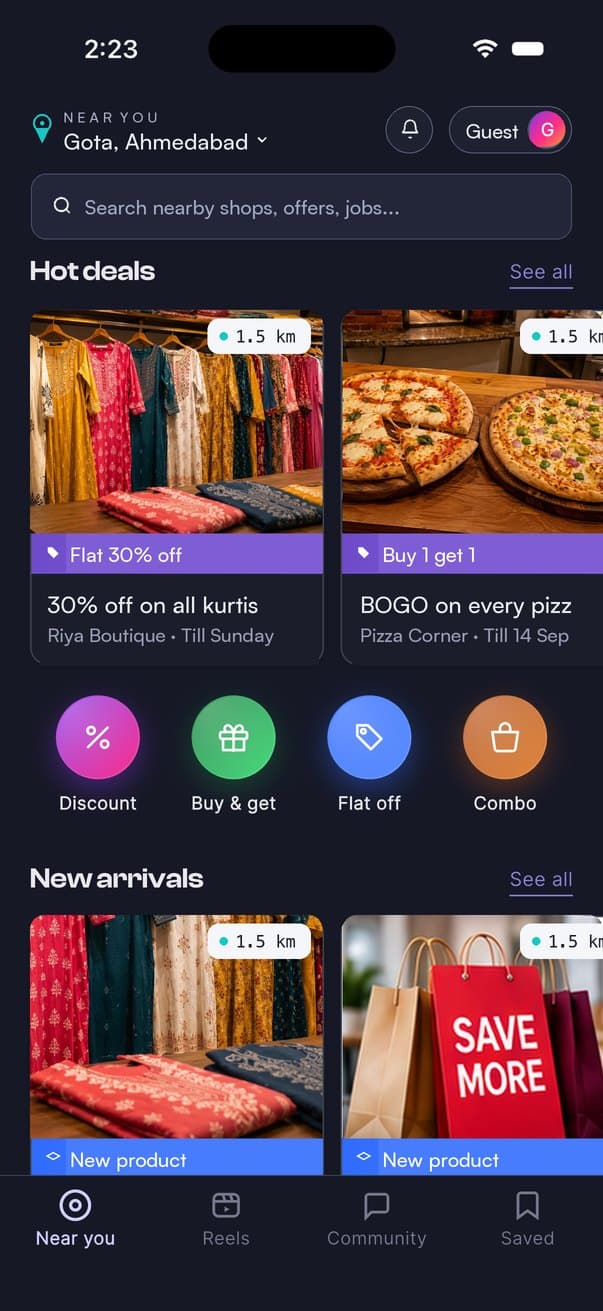 The Najik app: hot deals near Gota, Ahmedabad — 30% off kurtis at a boutique, buy one get one at a pizzeria