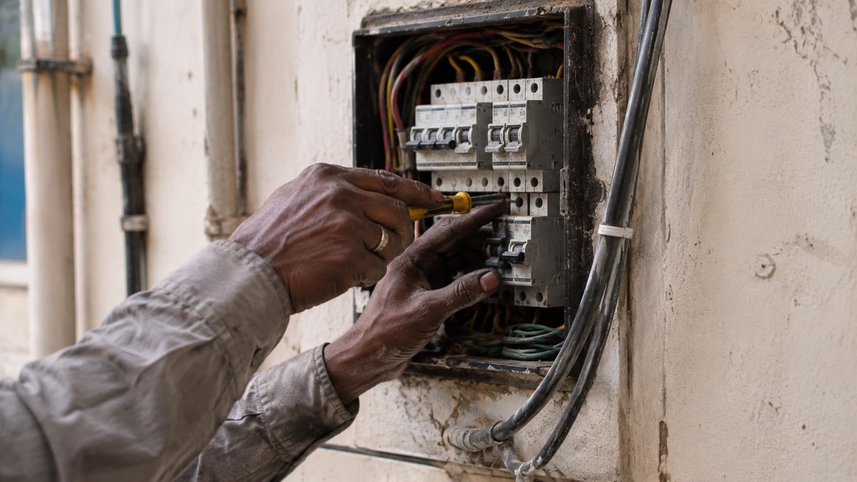 Hands working with a screwdriver at an open electrical distribution box mounted on a wall