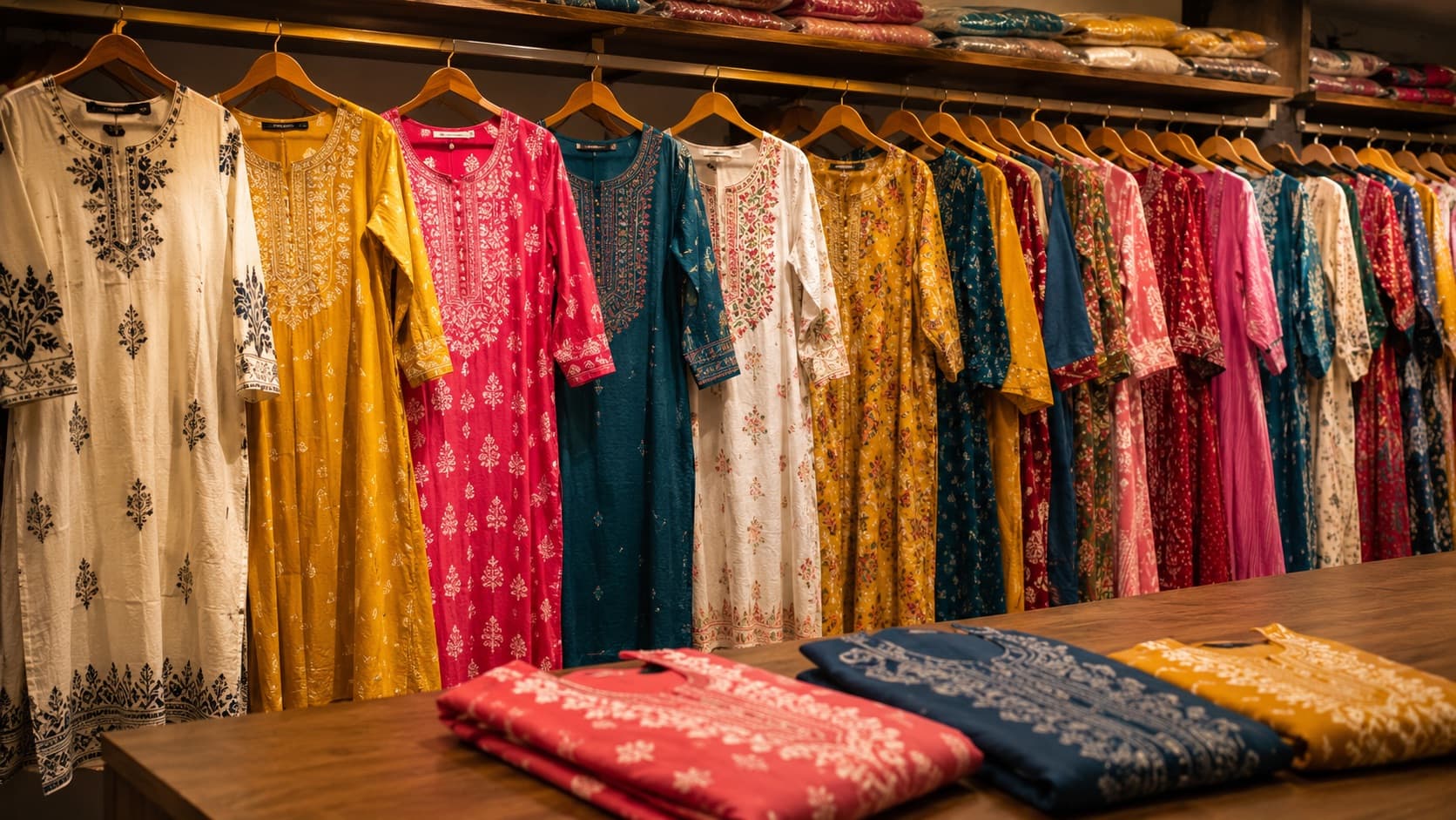 Rows of colourful embroidered kurtis on wooden hangers in a boutique, folded kurtis on a wooden counter in front